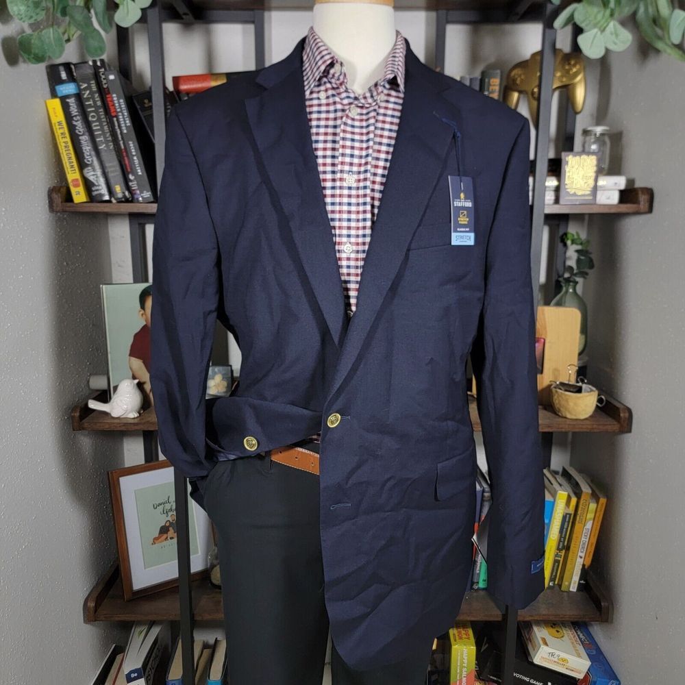 Stafford Men's Hopsack Blazer Two Golden Button NAVY BLUE Wool Blend Classic 44R